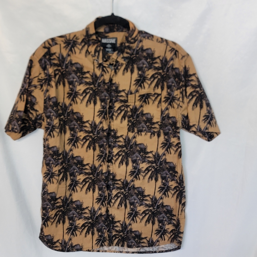 Super Massive Palm Print Button-Down Shirt in Tan and Black Size Medium